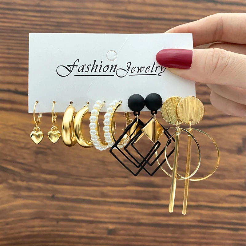 Vintage Geometry Earrings Set Gold Color Heart Leopard for Women Simple Pearl Metal Square Round Fashion Party Jewelry