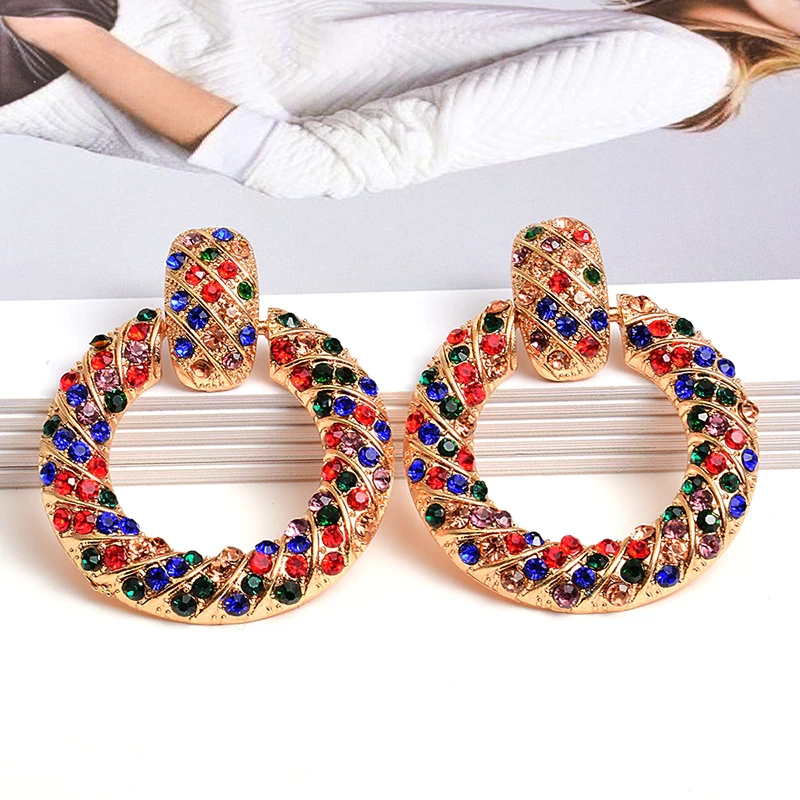 New Metal Round Dangle Drop Earrings Studded With Colorful Crystals Fine Rhinestone Jewelry Accessories For Women Wholesale