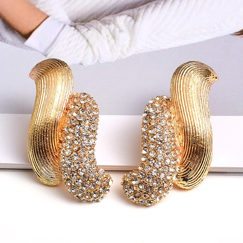 New Gold Color Metal Studded Full Rhinestone Dangle Drop Earrings Fine Jewelry Accessories For Women Pendientes Bijoux Gift
