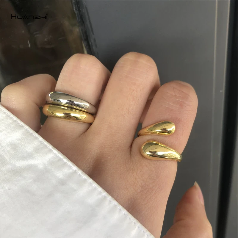 HUANZHI 2020 Gold Color Silver Color Metal Minimalist Glossy Wide Open Rings Geometric Finger Rings for Women Men Jewelry