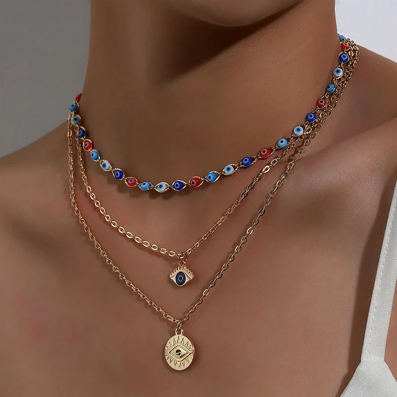 Turkish Evil Eye Multilayer Necklaces For Women Vintage Gold Color Clavicle Chain Charm Pendant Butterfly Star Girl Jewelry Gift