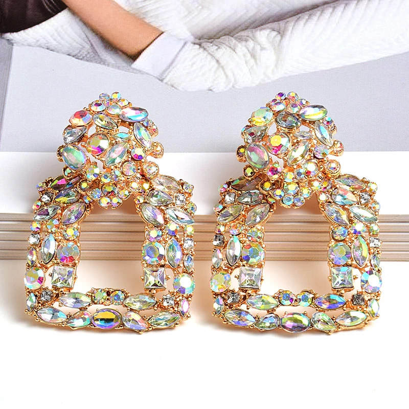 New Arrival Colorful Crystals Square Metal Drop Earrings High-Quality Fashion Rhinestone Jewelry Accessories For Women Wholesale