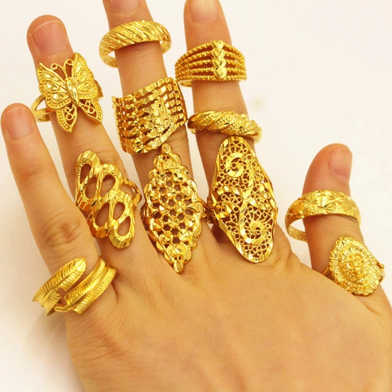 11Styles Ethiopia Dubai Bead Gold Color Arab Rings Resizable For Women/Adolescent Wedding Jewelry African /Halloween Gift